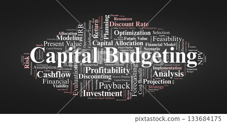 Capital Budgeting Word Cloud. A detailed collection of essential terms highlighting long term investment decisions, financial evaluation methods, cashflow forecasting, and strategic resource 133684175