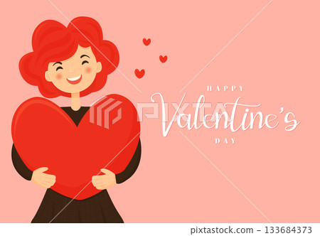 Happy Valentines Day Girl Holding Big Heart Greeting Card. 133684373