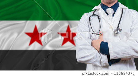 Male doctor with stethoscope on Syria flag. Doctor holding stethoscope on Syria flag 133684375