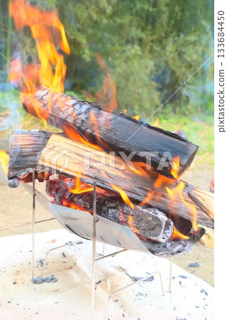 Outdoor scene of firewood and flames burning in a campfire 133684450