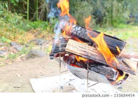 Outdoor scene of firewood and flames burning in a campfire 133684454