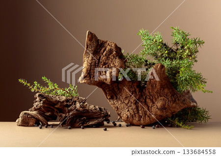 Juniper branches with berries and old wooden snags on a beige background. Juniper branches with berries and old wooden snags on a beige background. 133684558