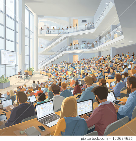 A large, modern lecture hall filled with students using laptops 133684635