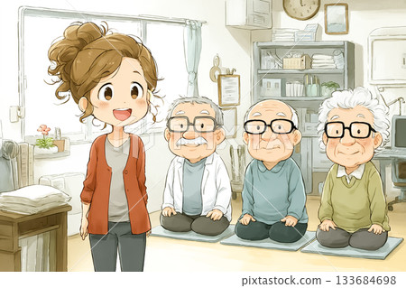 Miyu Series: Miyu doing relaxing yoga with seniors at a nursing home 133684698
