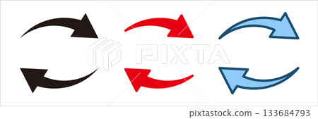 裝飾性黑色、紅色和藍色彎曲箭頭（彎曲箭頭）套裝（普通、圓角、輪廓）向量圖 133684793