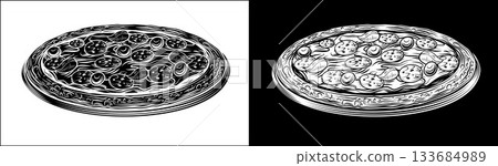 Vintage Woodcut Style Pizza with Toppings Artwork Vintage Woodcut Style Pizza with Toppings Artwork 133684989