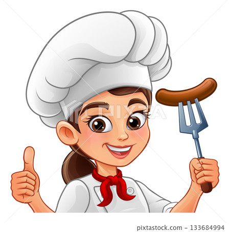 Chef Woman Smiling With Sausage Fork And Thumbs Up 133684994