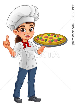 Cartoon Female Woman Chef Holding Pizza Thumbs Up 133684995