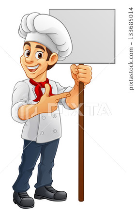 Chef Baker Cook Cartoon Mascot Man Sign Pointing Chef Baker Cook Cartoon Mascot Man Sign Pointing 133685014