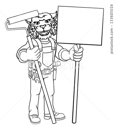 Wildcat Painter Decorator Paint Roller Mascot Man Wildcat Painter Decorator Paint Roller Mascot Man 133685016