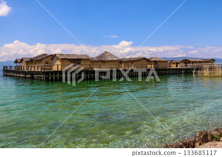 Museum on water, Bay of Bones, prehistoric pile-dwelling, recreation of a bronze age settlement on Lake Ohrid, North Macedonia 133685117