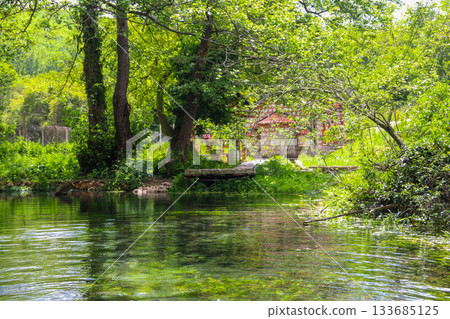 Saint Petka church near Sveti Naum monastery on Lake Ohrid, North Macedonia. Springs of the Black Drim river on a foreground 133685125