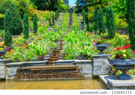 Italian flower water stairs on the island of flowers Mainau on Lake Constance, Germany 133685155