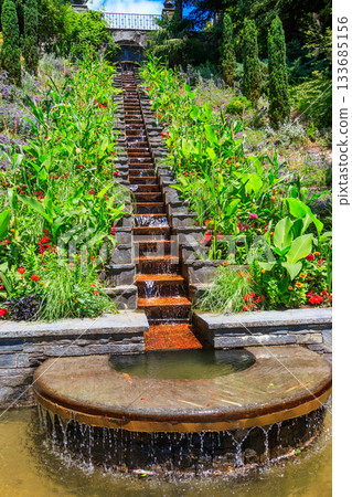 Italian flower water stairs on the island of flowers Mainau on Lake Constance, Germany 133685156