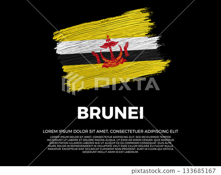 Flag of Brunei. Bruneian and Asian Culture. Vibrant, textured brushstroke effect style. Black background with copy space. Dramatic composition in negative space. 133685167