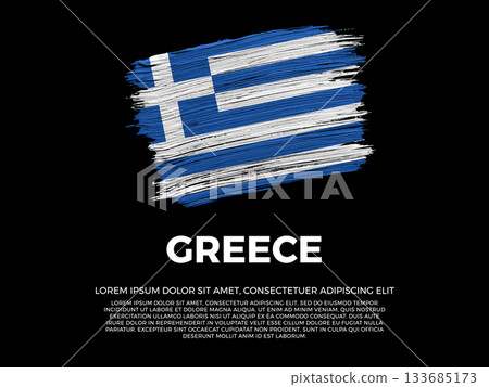 Flag of Greece. Greek and Mediterranean Culture. Vibrant, textured brushstroke effect style. Black background with copy space. Dramatic composition in negative space. 133685173