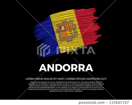 Flag of Andorra. Andorran and European Culture. Vibrant, textured brushstroke effect style. Black background with copy space. Dramatic composition in negative space. 133685197