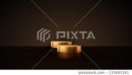 Gold cylinder podium. Golden Luxury Podium in the Dark Room for mockup products, promotion display. Black Studio Scene Background. Vector illustration 133685261