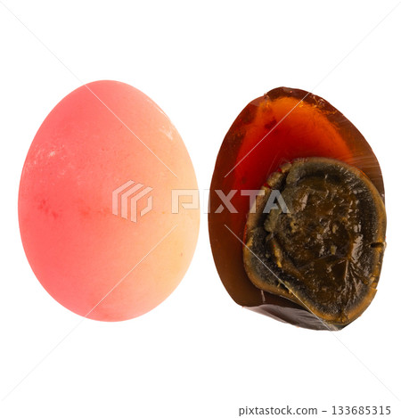 Peeled century eggs on a white background Peeled century eggs on a white background 133685315