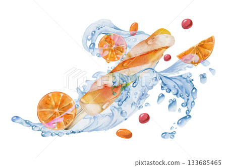 Bright orange popsicle ice cream stick with fresh citrus slices, splashing water waves, droplets. Isolated illustration hand drawn in watercolor. Juice bar label, kids treats, refreshing summer ad Bright orange popsicle ice cream stick with fresh citrus slices, splashing water waves, droplets. Isolated illustration hand drawn in watercolor. Juice bar label, kids treats, refreshing summer ad 133685465