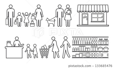 People, family, shopping, pictogram, line drawing icon set 133685476