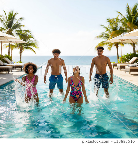 年輕人在泳池邊玩耍 133685510