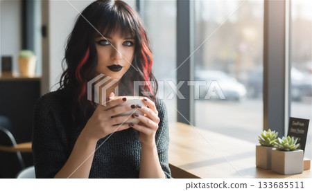 在咖啡館享用咖啡的女人 133685511