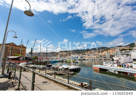 Cruise ship anchorage at the port of Genoa, Italy - Old Port Scene Cruise ship anchorage at the port of Genoa, Italy - Old Port Scene 133685849