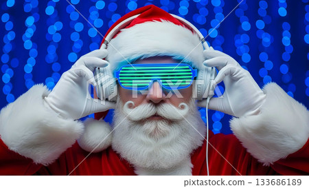 Santa Claus wearing futuristic glasses and headphones, listening to music Santa Claus wearing futuristic glasses and headphones, listening to music 133686189