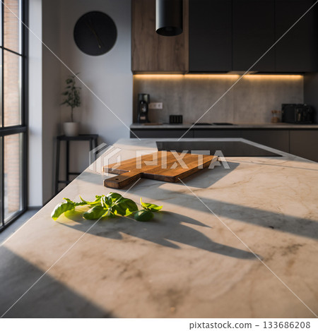 Elegant kitchen scene featuring a wooden cutting board and fresh basil in a sleek modern design 133686208