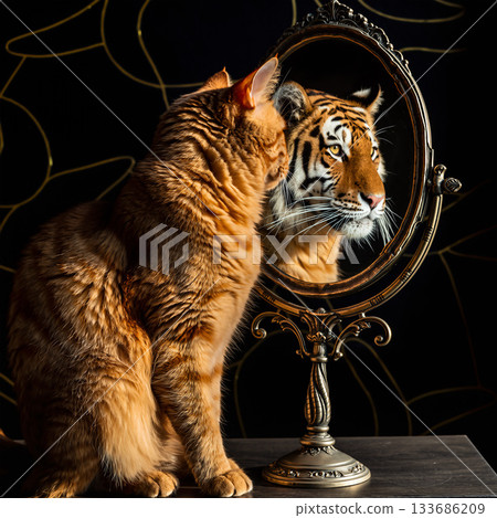 Ginger tabby looks into a mirror reflecting a tiger in a cozy room with dark decorations during daytime 133686209