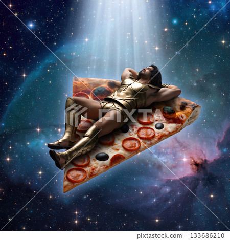 Epic adventure of a comic hero relaxing on a giant slice of pizza in outer space 133686210