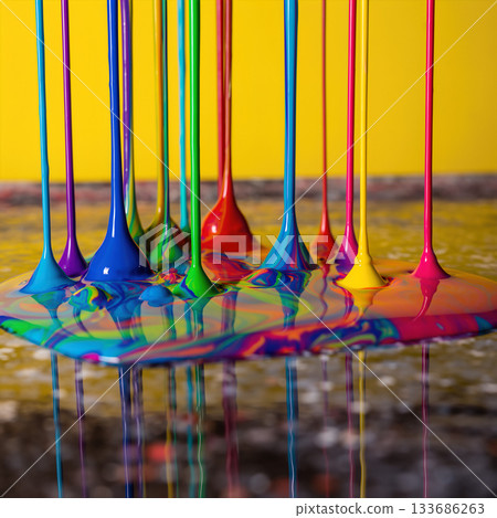Colorful liquid paint clouds swirl and blend together on a surface under bright lighting 133686263