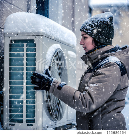 Technician works on outdoor unit in snowy weather during winter months in a residential area 133686264
