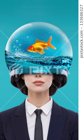 Unique artwork featuring a woman in a suit with a fishbowl on her head, blending elements of nature and surrealism Unique artwork featuring a woman in a suit with a fishbowl on her head, blending elements of nature and surrealism 133686327