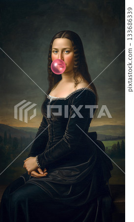 Classic portrait reimagined with playful twist featuring a woman chewing bubble gum Classic portrait reimagined with playful twist featuring a woman chewing bubble gum 133686339