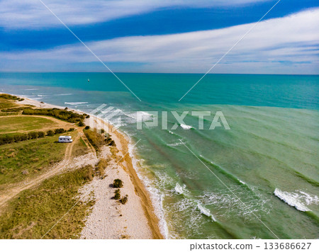 Caravan camping on coast. Aerial view 133686627