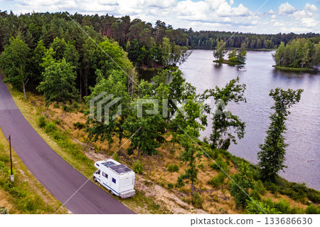 Camper on lake in Tuchola Forests, Poland. Aerial view 133686630