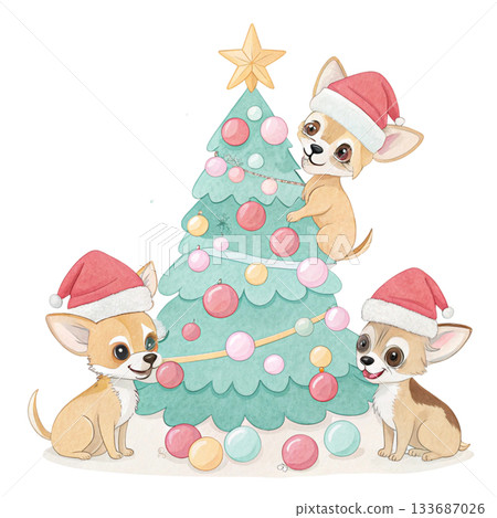 A group of adorable puppies of various breeds gathered happily in front of a decorated Christmas tree 133687026