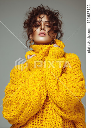 Model showcases vibrant yellow sweater in modern fashion setting Model showcases vibrant yellow sweater in modern fashion setting 133687121