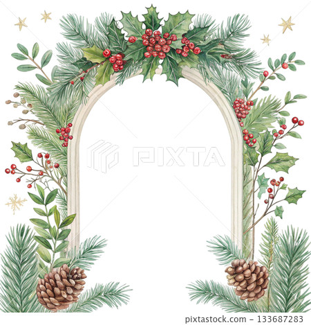 Elegant Christmas botanical frame with an arched center cutout 133687283