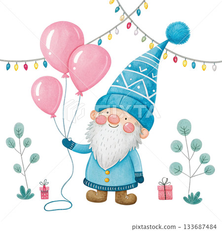 Gnome holding two heart balloons 133687484