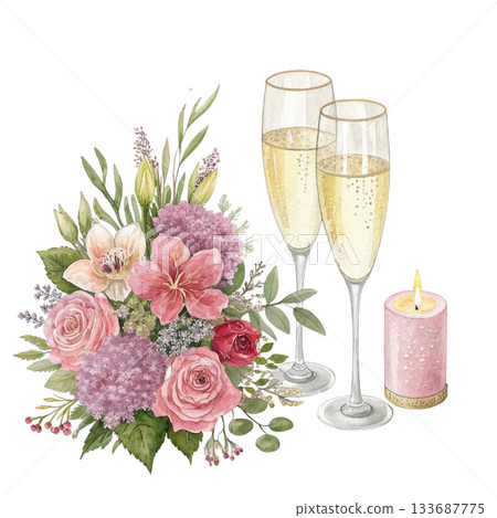 Two elegant champagne glasses with delicate reflections surrounded by the world most beautiful flowers in full bloom soft glowing candles 133687775