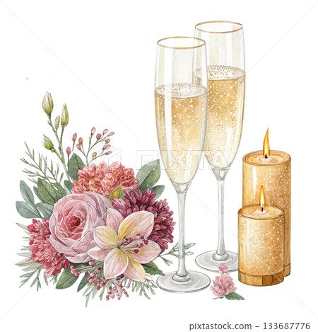 Two elegant champagne glasses with delicate reflections surrounded by the world most beautiful flowers in full bloom soft glowing candles 133687776