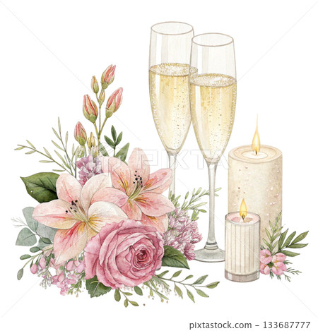Two elegant champagne glasses with delicate reflections surrounded by the world most beautiful flowers in full bloom soft glowing candles 133687777