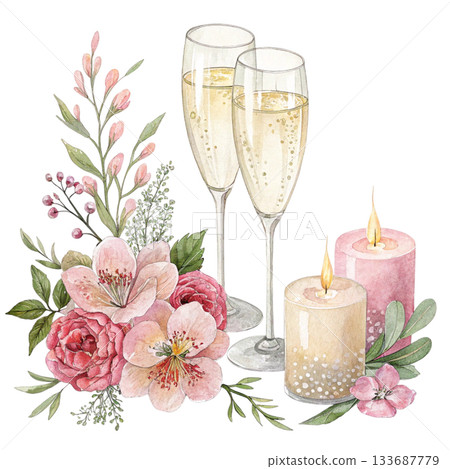 Two elegant champagne glasses with delicate reflections surrounded by the world most beautiful flowers in full bloom soft glowing candles 133687779