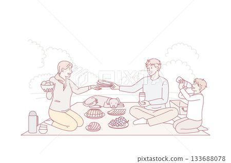 Happy family with kid enjoy summer picnic in park 133688078