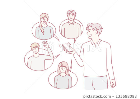 Smiling guy communicate on cellphone with friends 133688088