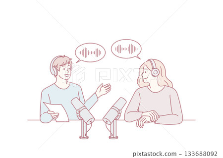 Smiling radio host have communication with female guest 133688092