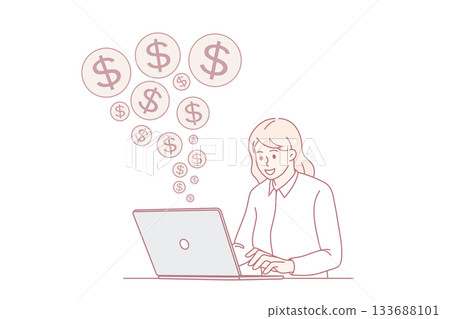 Smiling businesswoman earn working online on computer Smiling businesswoman earn working online on computer 133688101